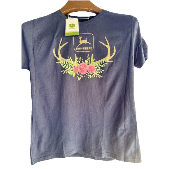 John Deere Tops - JOHN DEERE NAVY BLUE WOMENS  Large SHIRT PINK ROSE FLOWERS ANTLERS Brand New Tag